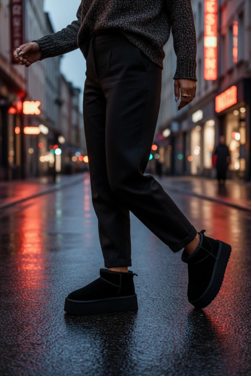 Damen Schneestiefel aus Kunstveloursleder in Schwarz