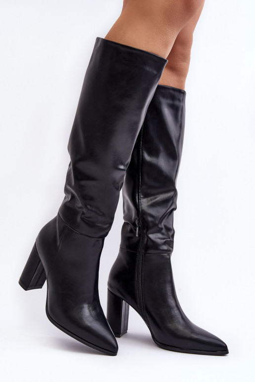 Schwarze kniehohe Damenstiefel mit Absatz Fiminna