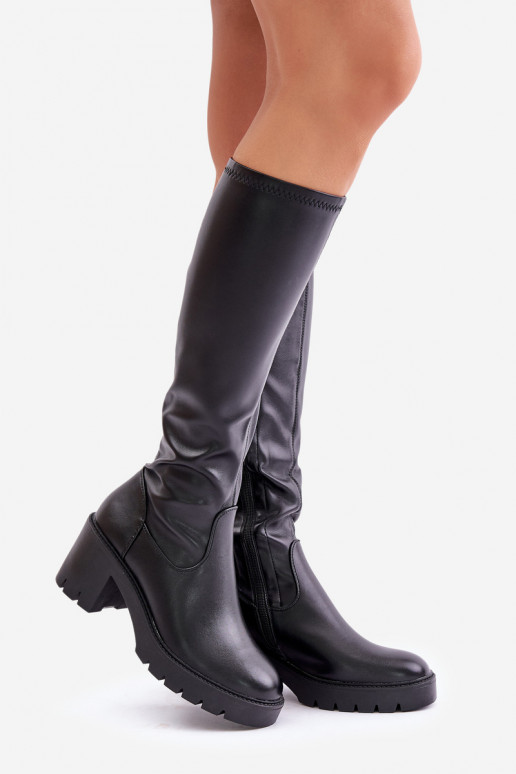 Schwarze kniehohe Stiefel aus Kunstleder mit Absatz Vinceza 58332