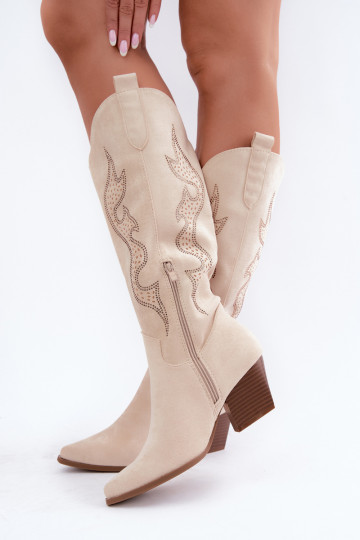 Elfenbeinfarbene kniehohe Stiefel im Cowboy-Stil mit Dekoration am Schaft Greyla 2