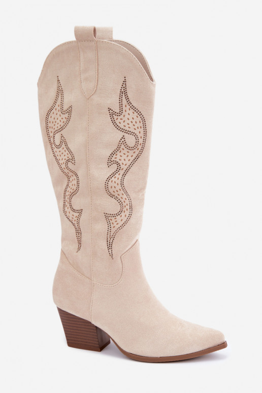 Elfenbeinfarbene kniehohe Stiefel im Cowboy-Stil mit Dekoration am Schaft Greyla