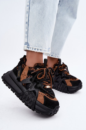 Schwarze Kunstveloursleder-Sneaker mit Plattform und Leopardenmuster-Details GOE UU2N4017 2