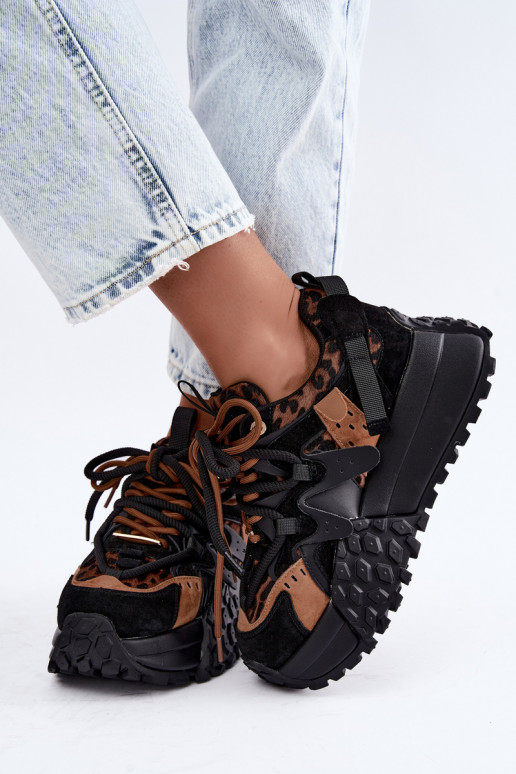 Schwarze Kunstveloursleder-Sneaker mit Plattform und Leopardenmuster-Details GOE UU2N4017