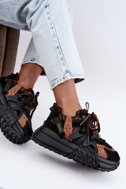 Schwarze Kunstveloursleder-Sneaker mit Plattform und Leopardenmuster-Details GOE UU2N4017