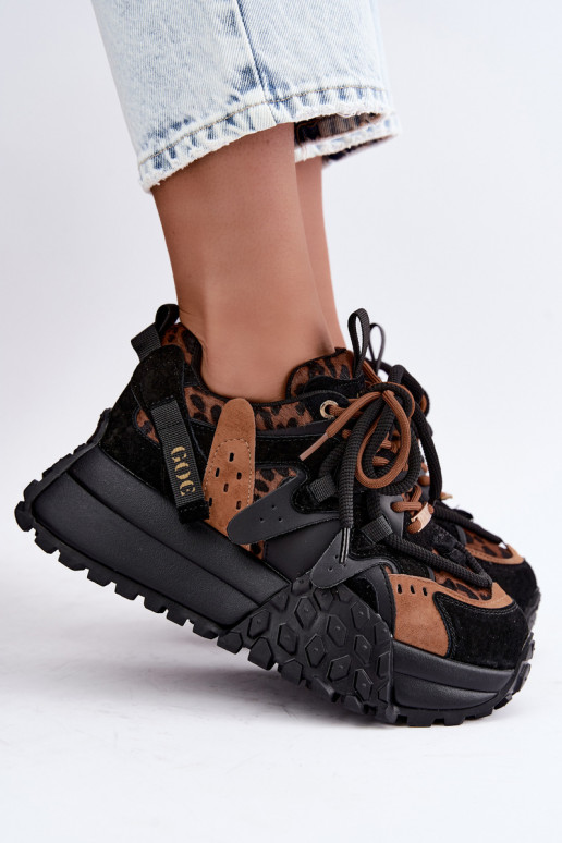 Schwarze Kunstveloursleder-Sneaker mit Plattform und Leopardenmuster-Details GOE UU2N4017