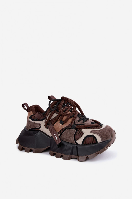 Braune Kunstveloursleder-Sneaker mit Plattform und doppelten Schnürsenkeln GOE UU2N4012
