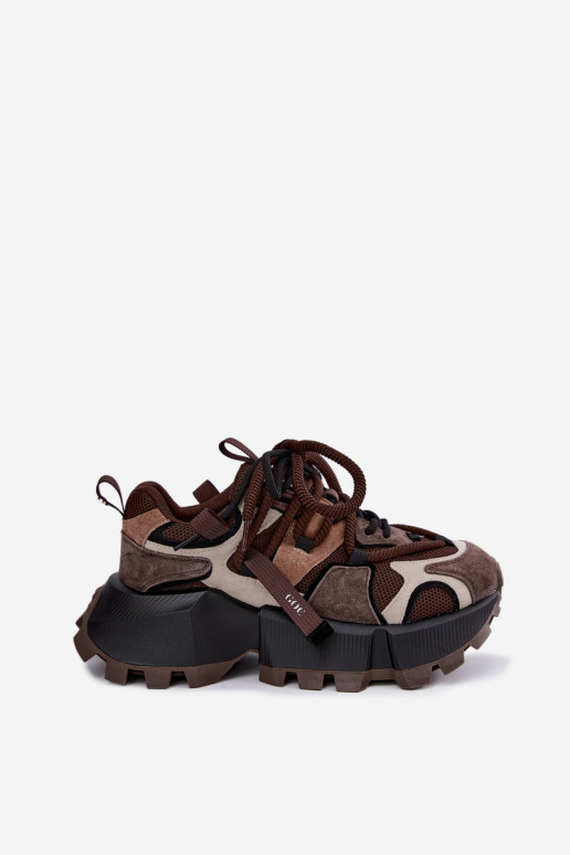 Braune Kunstveloursleder-Sneaker mit Plattform und doppelten Schnürsenkeln GOE UU2N4012