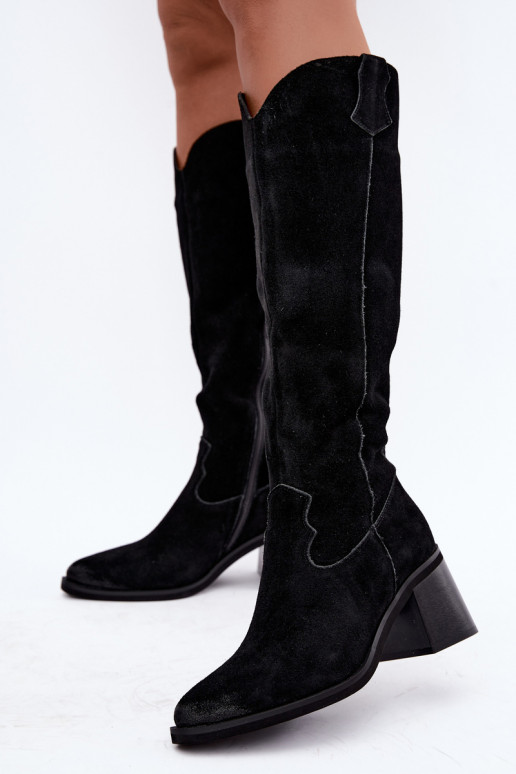Schwarze Kunstveloursleder-Kniehohe Stiefel im Cowboy-Stil mit Absätzen Vinceza 133103