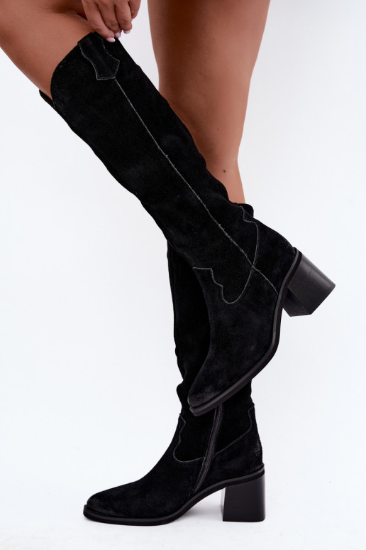 Schwarze Kunstveloursleder-Kniehohe Stiefel im Cowboy-Stil mit Absätzen Vinceza 133103