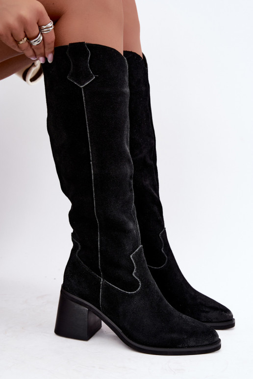 Schwarze Kunstveloursleder-Kniehohe Stiefel im Cowboy-Stil mit Absätzen Vinceza 133103