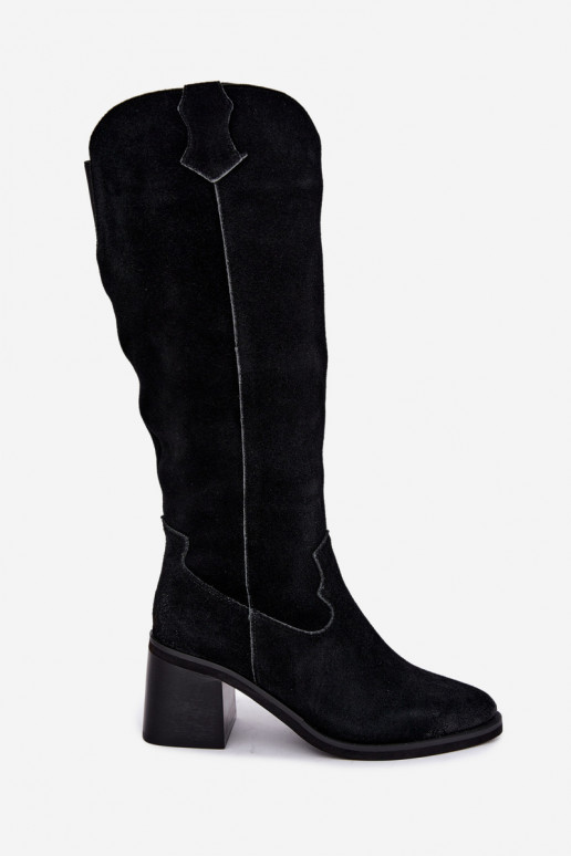 Schwarze Kunstveloursleder-Kniehohe Stiefel im Cowboy-Stil mit Absätzen Vinceza 133103