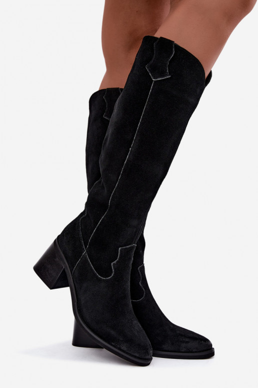 Schwarze Kunstveloursleder-Kniehohe Stiefel im Cowboy-Stil mit Absätzen Vinceza 133103