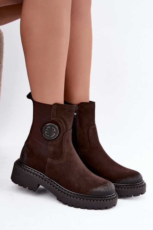 Warmes Veloursleder-Ankle Boots mit eleganten Details Zazoo 60578 schokoladenbraun