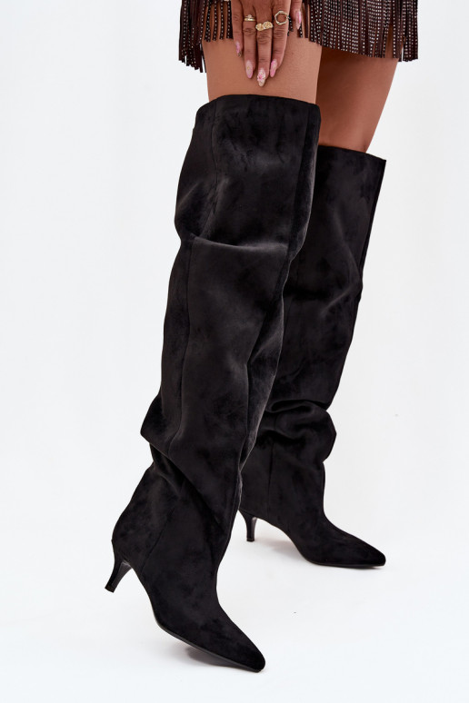 Slip-On Damen Über-Knie-Stiefel mit dünnen Absätzen in Schwarz Ysolienne