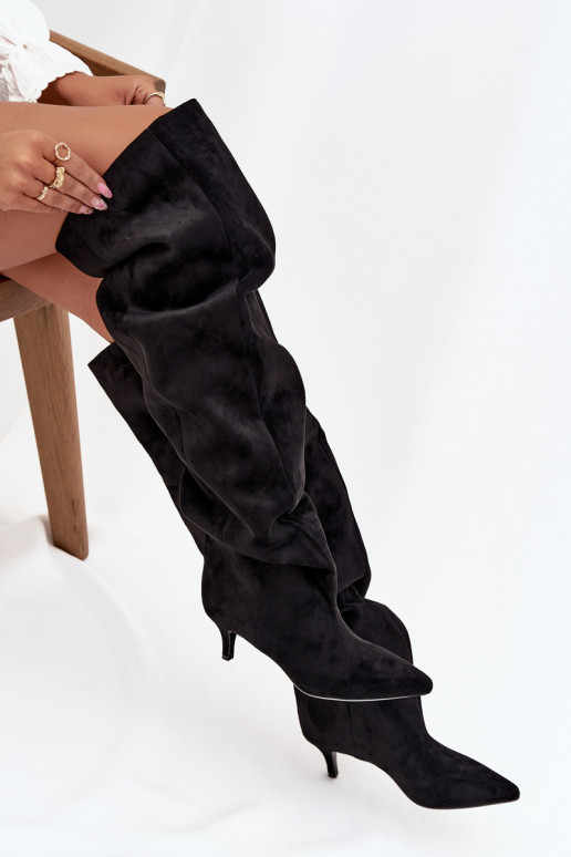 Slip-On Damen Über-Knie-Stiefel mit dünnen Absätzen in Schwarz Ysolienne