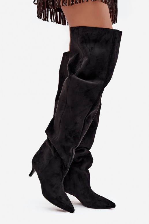 Slip-On Damen Über-Knie-Stiefel mit dünnen Absätzen in Schwarz Ysolienne