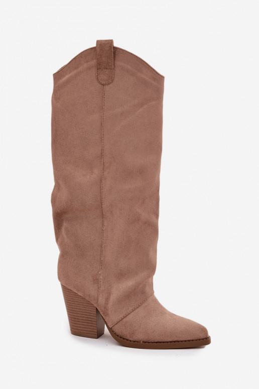 Isolierte Über-Knie-Stiefel im Cowboy-Stil mit Absatz, aus Kunstveloursleder, in Sandfarbe