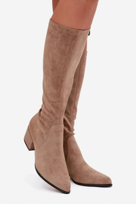 Damen kniehohe Stiefel mit niedrigem Absatz aus sandfarbenem Kunstveloursleder Sergio Leone KZ212
