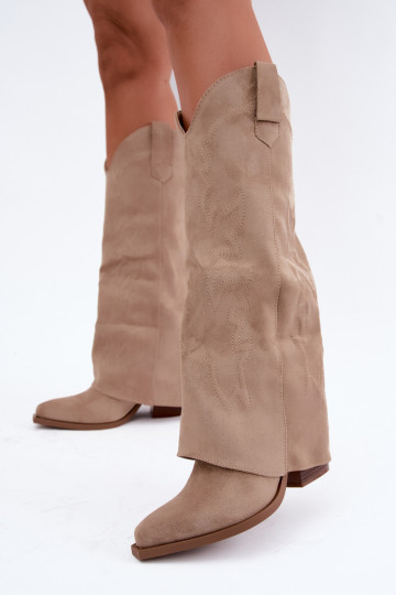 Damen kniehohe Cowboy-Stiefel mit Absatz und besticktem Schaft in sandfarben Terise 2