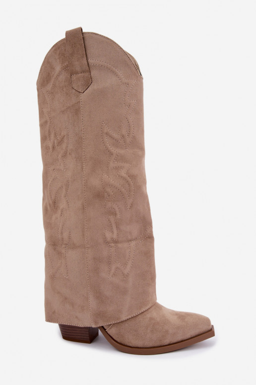 Damen kniehohe Cowboy-Stiefel mit Absatz und besticktem Schaft in sandfarben Terise