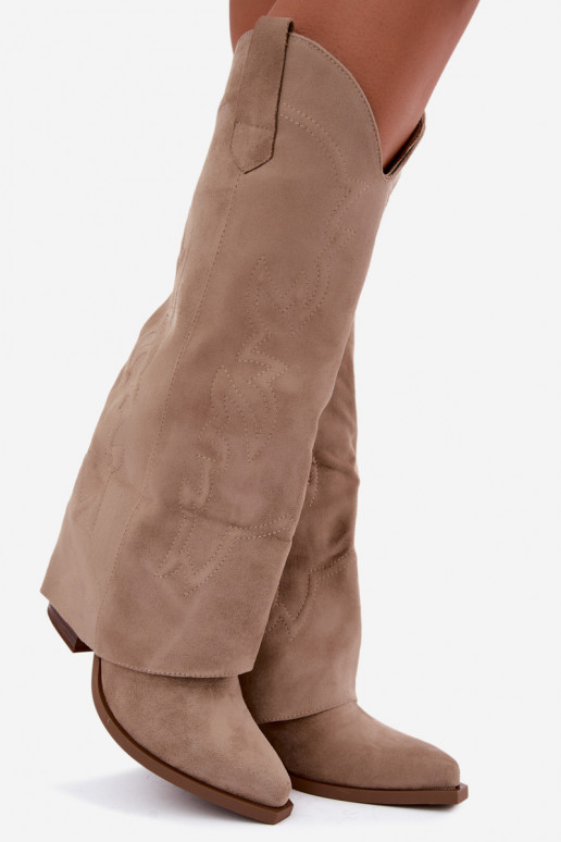 Damen kniehohe Cowboy-Stiefel mit Absatz und besticktem Schaft in sandfarben Terise