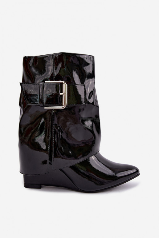 Damen Lack-Stiefeletten mit Plateau und Schnallen in schwarzer Farbe Vortinia