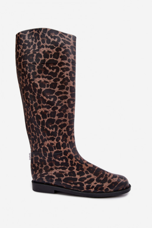 Damen hohe Gummistiefel mit breiten Absätzen und Leopardenmuster in schwarzer Farbe Melianne