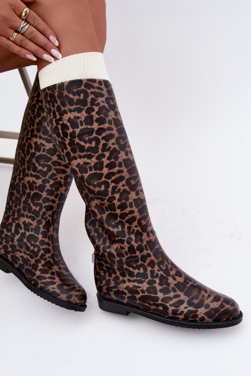 Damen hohe Gummistiefel mit breiten Absätzen und Leopardenmuster in schwarzer Farbe Melianne