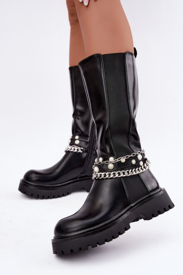 Wärmende kniehohe Stiefel mit Plateau und Ketten in Schwarz Doremi 2
