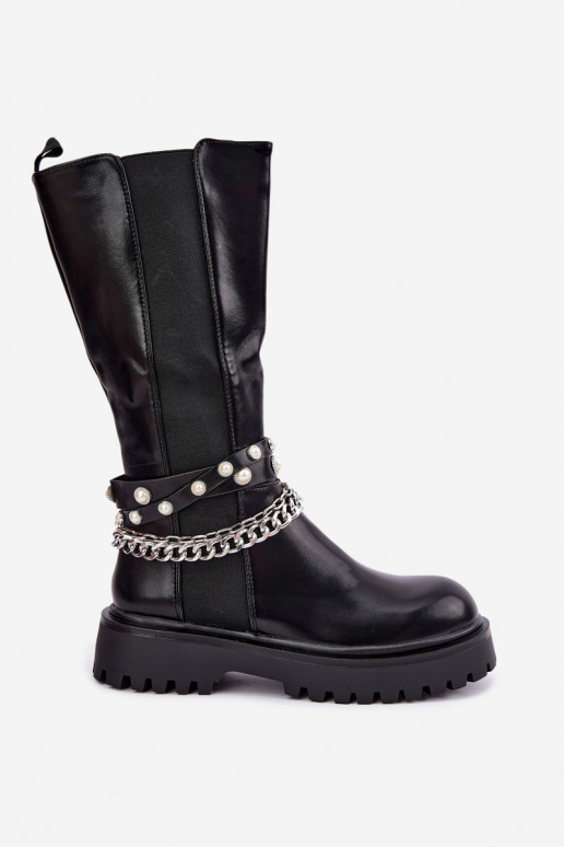 Wärmende kniehohe Stiefel mit Plateau und Ketten in Schwarz Doremi