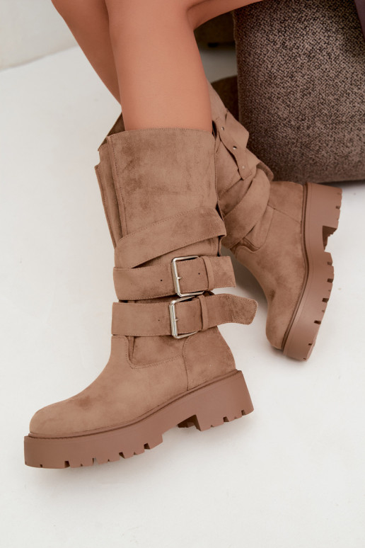 Wärmende kniehohe Stiefel mit Plateau und Schnallen in Sandfarbe Palomae