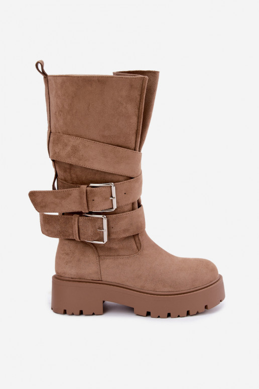 Wärmende kniehohe Stiefel mit Plateau und Schnallen in Sandfarbe Palomae