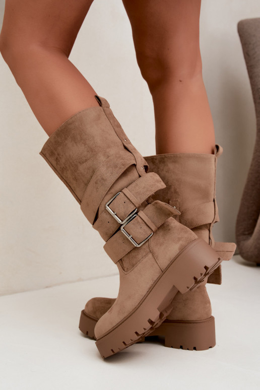 Wärmende kniehohe Stiefel mit Plateau und Schnallen in Sandfarbe Palomae