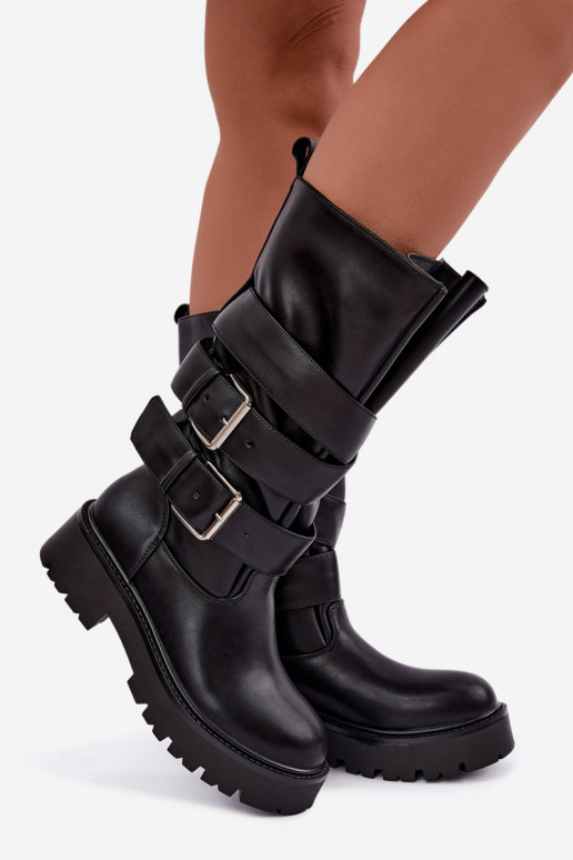 Wärmende kniehohe Stiefel mit Plateau und Schnallen in Schwarz Palomae