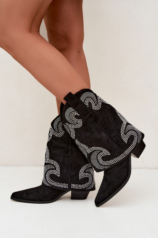 Dekorierte Stiefeletten im Cowboy-Stil mit Absätzen in Schwarz Irvena