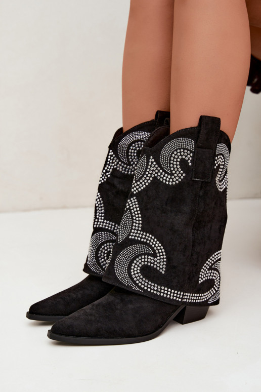 Dekorierte Stiefeletten im Cowboy-Stil mit Absätzen in Schwarz Irvena