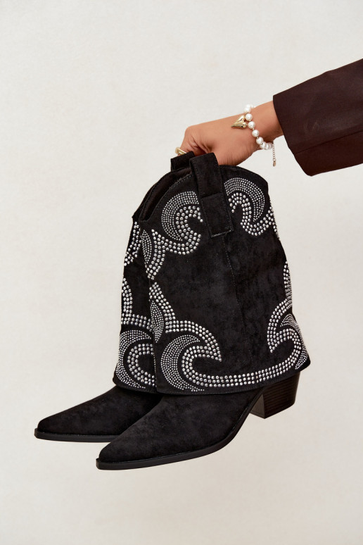 Dekorierte Stiefeletten im Cowboy-Stil mit Absätzen in Schwarz Irvena