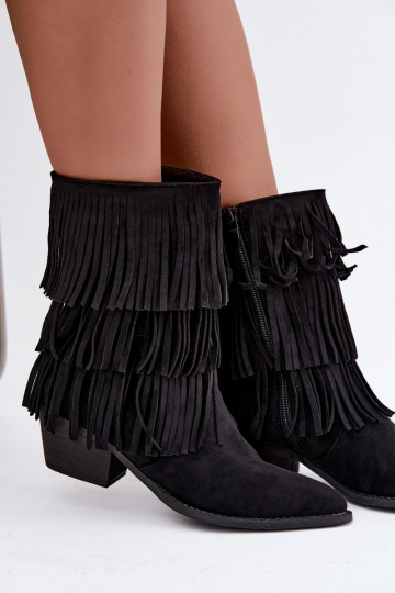 Cowboy-Stil Stiefeletten mit Fransen und Absätzen in Schwarz Lunia