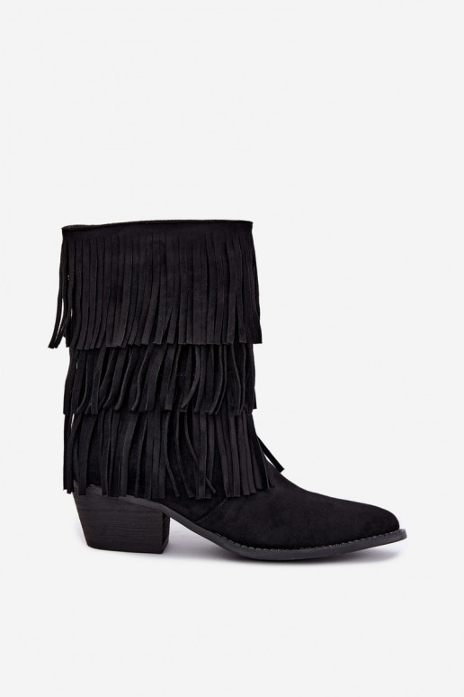 Cowboy-Stil Stiefeletten mit Fransen und Absätzen in Schwarz Lunia