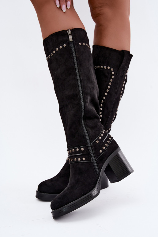 Wärmende kniehohe Stiefel mit Absätzen und Dekoration in Schwarz Bellune