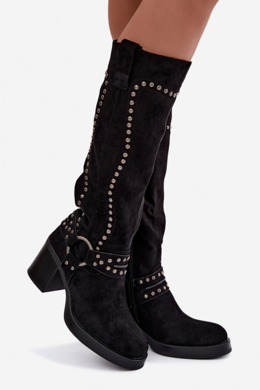 Wärmende kniehohe Stiefel mit Absätzen und Dekoration in Schwarz Bellune