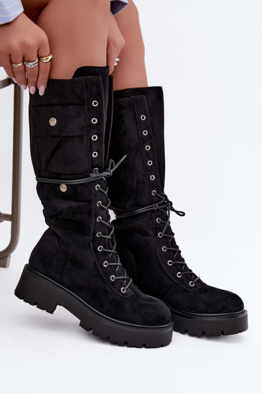 Wärmende kniehohe Stiefel mit Plateau und Schnürsenkeln in Schwarz Cressida