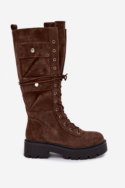 Wärmende kniehohe Stiefel mit Plateau und Schnürsenkeln in Braun Cressida