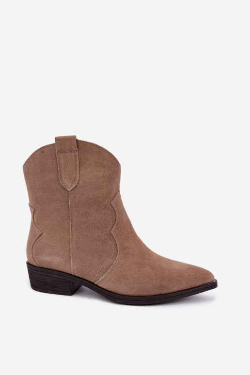 Sandfarbene Wildleder-Cowboy-Stiefel mit niedrigem Absatz Delsa