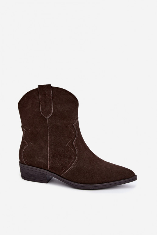Schokoladenfarbene Wildleder-Cowboy-Stiefel mit niedrigem Absatz Delsa