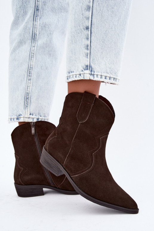 Schokoladenfarbene Wildleder-Cowboy-Stiefel mit niedrigem Absatz Delsa