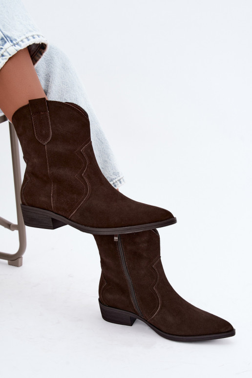 Schokoladenfarbene Wildleder-Cowboy-Stiefel mit niedrigem Absatz Delsa