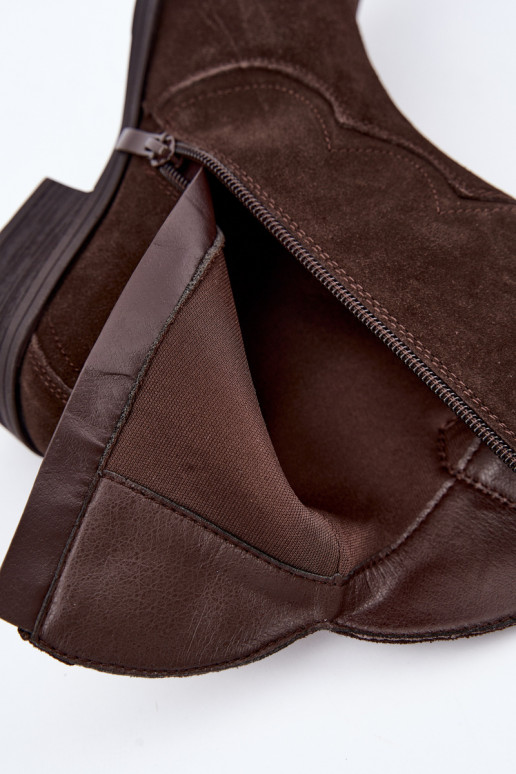 Schokoladenfarbene Wildleder-Cowboy-Stiefel mit niedrigem Absatz Delsa