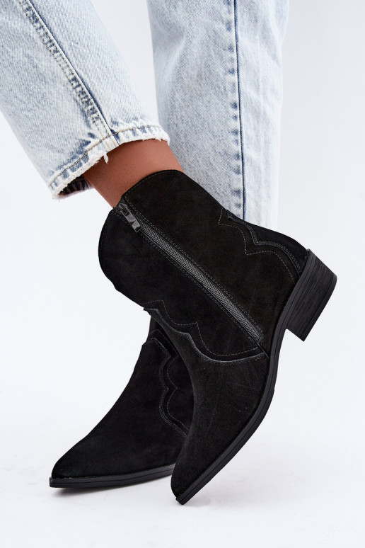 Schwarze Wildleder-Cowboy-Stiefel mit niedrigem Absatz Delsa