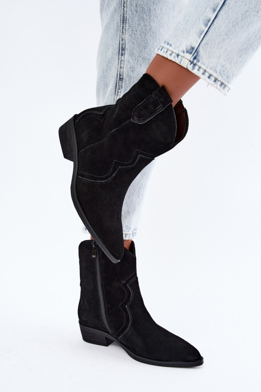 Schwarze Wildleder-Cowboy-Stiefel mit niedrigem Absatz Delsa